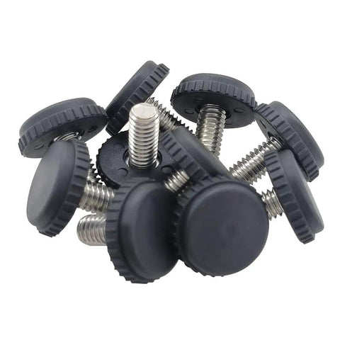 Stainless Steel Adjustable Furniture Levelers 10 Pack 5/16-18 Screw In Threaded Feet with black bases shown from top view