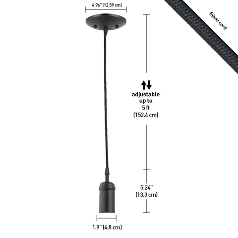 One Light Pendant With Matte Black Finish, Black Woven Fabric Cord, E26 Base Socket, Adjustable Hanging Length, Perfect For Kitchen