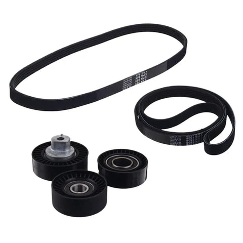 Engine Timing Belt Tensioner Pulley Replacement Kit For BMW E46 E39 E38 X5 E53 Z3 And E36 Models Fits Part Numbers 11281437475 And 11281706545 With Premium Quality Gaskets And Hardware Included For A Smooth Drive, shown with belts and pulleys