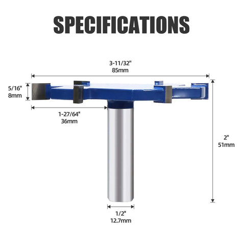 Side view of CNC Spoilboard Surfacing Router Bit With 1/2 Inch Shank, 3-11/32 Inch Cutting Diameter, 5/16 Inch Cutting Height, 6 Wings Carbide