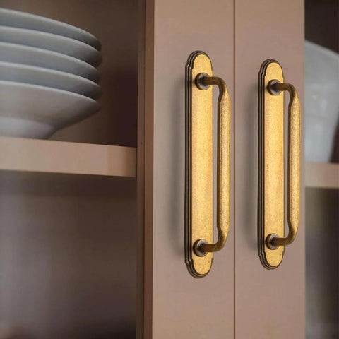 Antique Brass Zinc Alloy Cabinet Handle With Backplate 7.56 Inch Center To Center 192mm installed on wooden cabinet doors