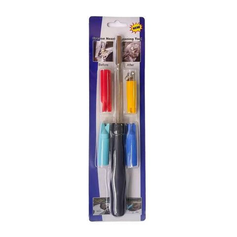Packaging of Grease Zerk Cleaner Kit For Grease Fittings With Four Color Cleaners And One Zerk Fitting showcasing tools and handle