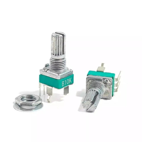 10 Pack B10K Precision Vertical Single-Gang Potentiometer With 15mm Shaft, showing front and angled views with 3-pin connections.
