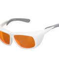 Straight Up Heavy Duty Laser Safety Glasses Broad Spectrum OD Five Plus Coverage Shielding Eyes From Intense Light And Harmful Radiation Wavelengths One Nine Zero To Five Hundred Nm White, with orange lenses and white frame.