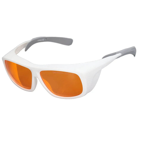 Straight Up Heavy Duty Laser Safety Glasses Broad Spectrum OD Five Plus Coverage Shielding Eyes From Intense Light And Harmful Radiation Wavelengths One Nine Zero To Five Hundred Nm White, with orange lenses and white frame.