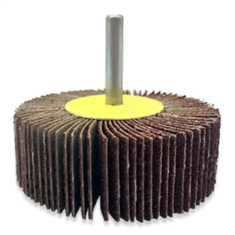 Close-up of flap wheel from 10 Piece Abrasive Flap Wheel Sander Set With A Range Of Sizes From 3.2 Inch To 0.64 Inch Grit 16 And 80 Aluminum Oxide