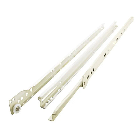 Rock Solid 22 Inch Bottom Mount Drawer Slides Featuring Dead Silent Self Closing Action Heavy Duty Stamped Steel Classic White Epoxy Finish.