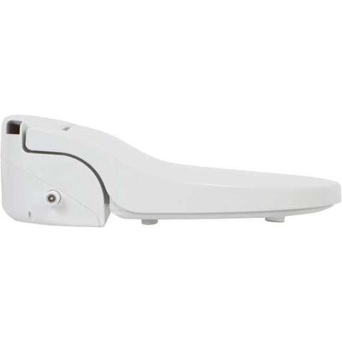 Side view of Dead Quiet Elongated Bidet Toilet Seat, featuring a smooth white design and self-cleaning nozzle.