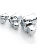Three-piece chrome vanadium universal joint adapters for 1/4, 3/8, and 1/2 inch drive sockets