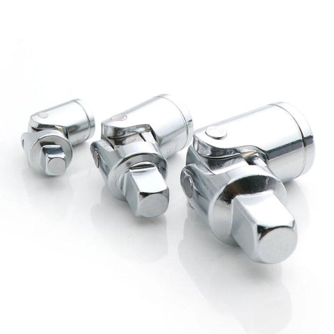 Three-piece chrome vanadium universal joint adapters for 1/4, 3/8, and 1/2 inch drive sockets