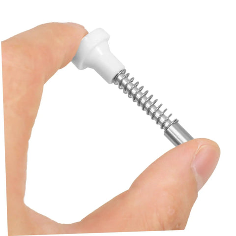 Close-up of hand holding silver and white Spring Loaded Latch Kit 12 Pieces For Cribs Beds Windows And Screens Easy Installation Fasteners