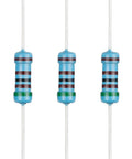 Three blue axial metal-film resistors with color-band markings, front view.