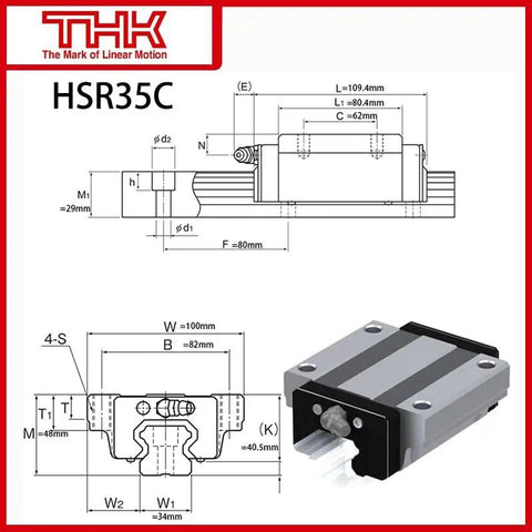 Diagram and photo of High Precision Linear Carriage Block HSR35 Series for high speed motion, ready to roll, interchangeable, low wear.