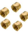 Five brass pipe cap fittings 1/2 in NPT female hex head for gas lines, fridge, and hydraulic systems, corrosion resistant.