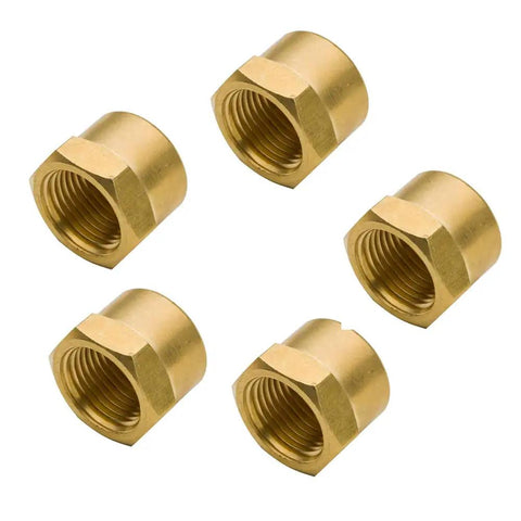 Five brass pipe cap fittings 1/2 in NPT female hex head for gas lines, fridge, and hydraulic systems, corrosion resistant.