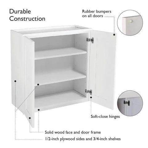 Open Brookings Shaker Wall Kitchen Cabinet 24W x 12D x 30H Painted White Solid Wood With Soft Close Doors 2 Adjustable Shelves