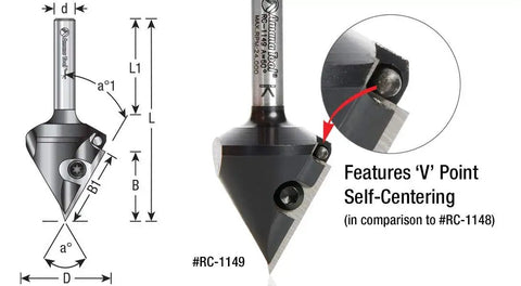 V Groove Router Bit CNC Insert 91 Degree 1-5/16 Inch Diameter 3/4 Inch Shank Miter Fold Blade For Signmaking And Lettering Locking Screw For Cut Accuracy Pro Grade, detailed view with dimensions and self-centering feature