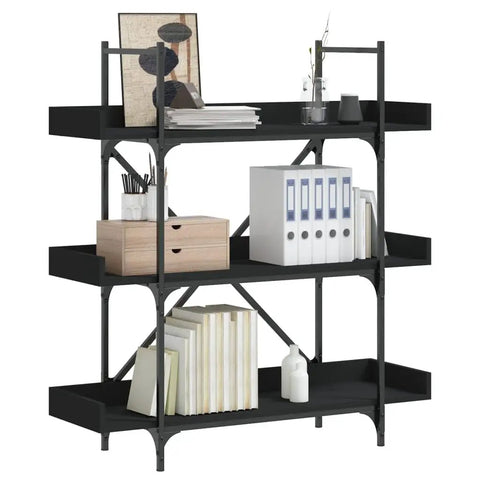 Engineered Wood 3 Tier Bookcase With Black Metal Frame, 42.7 Inch Tall Bookshelf displaying books, decor, and storage items