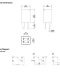 Dimensions and wiring diagram for 10 Pack 12V DC SPST Auto Relay 20A 960mW Coil Ultra Micro ISO Form A Automotive Relay.