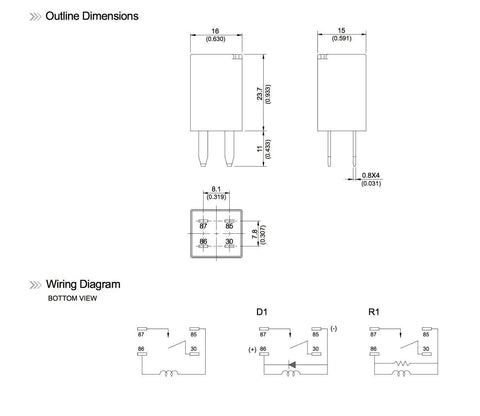 Dimensions and wiring diagram for 10 Pack 12V DC SPST Auto Relay 20A 960mW Coil Ultra Micro ISO Form A Automotive Relay.