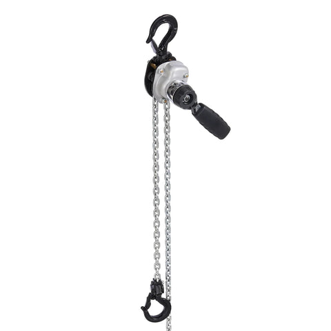 Front view of VEVOR manual lever chain hoist, 1/2-ton capacity, G80 alloy chain with dual pawl brake and rotating hooks