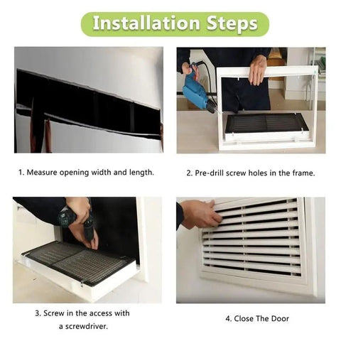 Installation steps for Top Shelf White Aluminum Louvered Ceiling Access Panel With Built In Filter Screen 38 By 40 Inches.