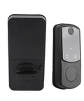 Keyless Smart Lock With Biometric Fingerprint Reader And Push Button Code Plus Rfid Card Access Offering Self Locking Electronic Deadbolt for doors, sleek black design.