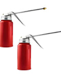 Two red metal oil spray cans with long 4.92-inch spouts and pump levers, side-by-side (200ml capacity).