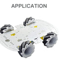 Four 64mm mecanum omni wheels on a white robot car chassis with TT/N20 motor hubs