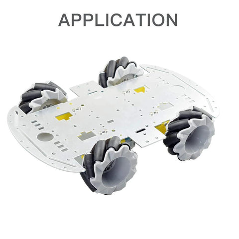 Four 64mm mecanum omni wheels on a white robot car chassis with TT/N20 motor hubs