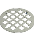 Snap In Shower Drain In Polished Stainless Steel With Adjustable Prongs For A No Sweat 3-1/4 Inch Pipe Setup, round strainer.