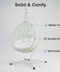 Hanging Egg Chair With Stand For Patio And Balcony, Indoor Outdoor Swing Chair With Comfy Cushioned Seat And Headrest, Weatherproof PE Wicker, Sturdy Steel Frame, 350 Lbs Capacity, White.