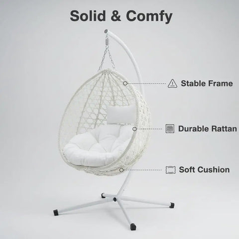 Hanging Egg Chair With Stand For Patio And Balcony, Indoor Outdoor Swing Chair With Comfy Cushioned Seat And Headrest, Weatherproof PE Wicker, Sturdy Steel Frame, 350 Lbs Capacity, White.