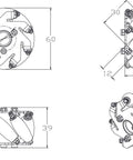 Moebius 60mm Mecanum wheels 4-pack with 6mm metal hubs, technical drawings (front/side/top)