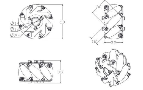 Moebius 60mm Mecanum wheels 4-pack with 6mm metal hubs, technical drawings (front/side/top)