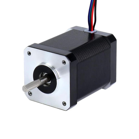 Front view of black NEMA 17 bipolar stepper motor with silver mounting plate and multi-color wires