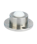 No Sweat Heavy Duty Universal Ball Transfer Units Loaded With Deep Groove Ball Bearings For Lightning Quick Swivels and Crushing Heavy Loads On Any Industrial Job Site, metallic housing with white ball.