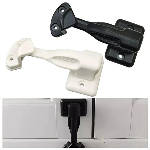 Black and white Rock Solid Push To Open Cabinet Latch Lock Nylon Door Catch for Camper featuring easy installation design.