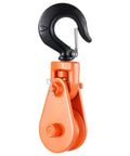 Heavy Duty Snatch Block With Swivel Hook For Towing And Recovery Two Ton Capacity Three Inch Pulley Three Eighth Inch Wire Rope Four Thousand Four Hundred Lb Working Load Ten Thousand Lb Break Strength Beefy For Tow Jobs And Off Road Recovery, orange steel with hook