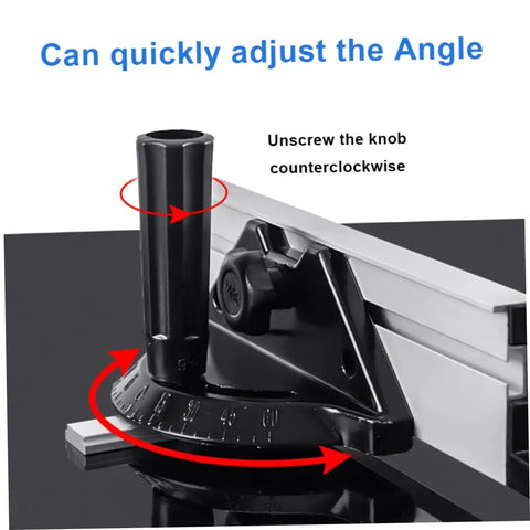 Heavy Duty Aluminum Miter Gauge Fence System With Quick Grip Push Block And Angle Plate Ruler For Table Saw angle adjustment mechanism close-up.