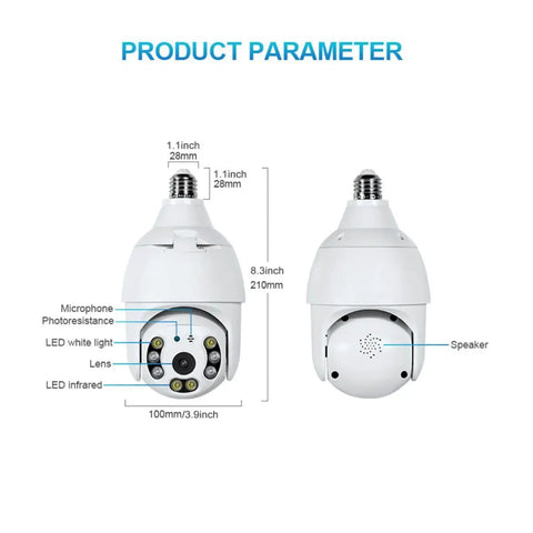 Outdoor Light Bulb Security Camera 2K 4MP Plug And Play, Wireless 360 Degree View, front and rear dimensions, E26 socket