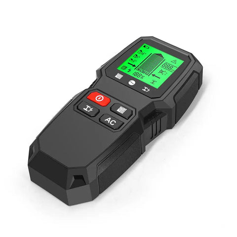 7 in 1 Smart Stud Finder Wall Scanner with LCD Display in a black ergonomic design with a green LED screen showing detection.
