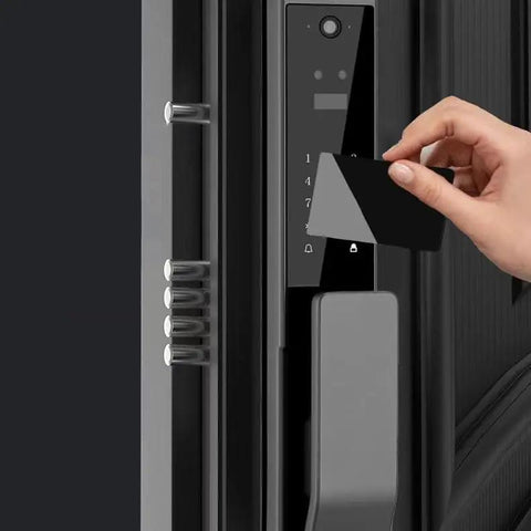 3D Fingerprint Smart Door Lock With Built In Camera And Phone App Control Hassle Free Keyless Entry For Home Security, user scanning card.
