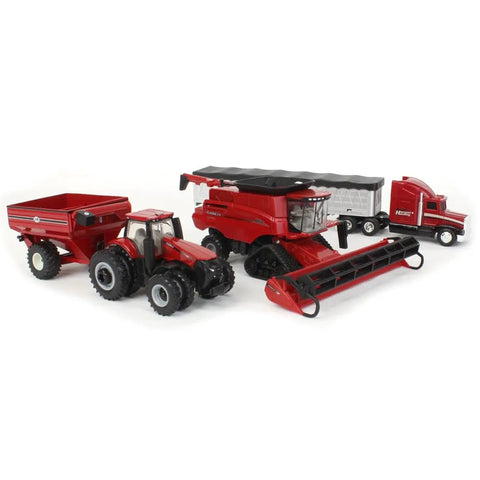 1 To 64 Scale 8250 Combine Harvesting Tractor And Truck Set With 12 Row Corn Head And Grain Head Diecast With Rubber Wheels