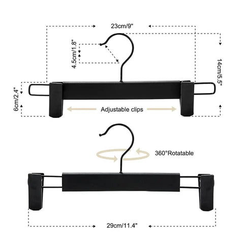 Dimensions and features of 10 Pack Clothes And Pants Hangers With 360 Degree Swivel Hooks, Adjustable Clips, Space-Saving Design, Black Finish