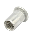 Get The Ultimate Flat Head Threaded Insert Kit With Assorted M3 To M10 Rivet Nuts For Auto, Furniture And Industrial Jobs Made From Durable Zinc Plated Aluminum That Resists Rust And Handles Heavy Loads Effortlessly, showing a silver zinc-plated aluminum rivet nut.