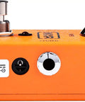 Side view of Classic Analog Phase Shifter Pedal With Warm Rich Tone, Orange Finish, 9V Battery Powered, jacks and knob details
