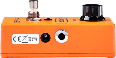 Side view of Classic Analog Phase Shifter Pedal With Warm Rich Tone, Orange Finish, 9V Battery Powered, jacks and knob details