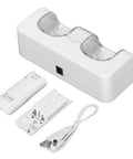 Noiseless Remote Battery Charger Dual Dock For Consoles With Convenient Power Connection ABS Durable Lightweight And Easy To Use Includes Two White Batteries For Controllers, shown with power cord