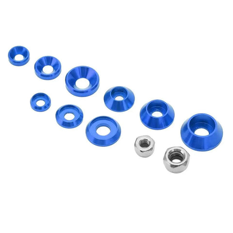 RC Car Hardware Fastener Kit With M2.5 M3 M4 Flat And Round Head Washers And Nuts, Assorted Screws And Washers In A Clear Storage Box, Great For 1/8 And 1/10 Scale RC Cars, Blue blue anodized aluminum washers and nuts arranged on white